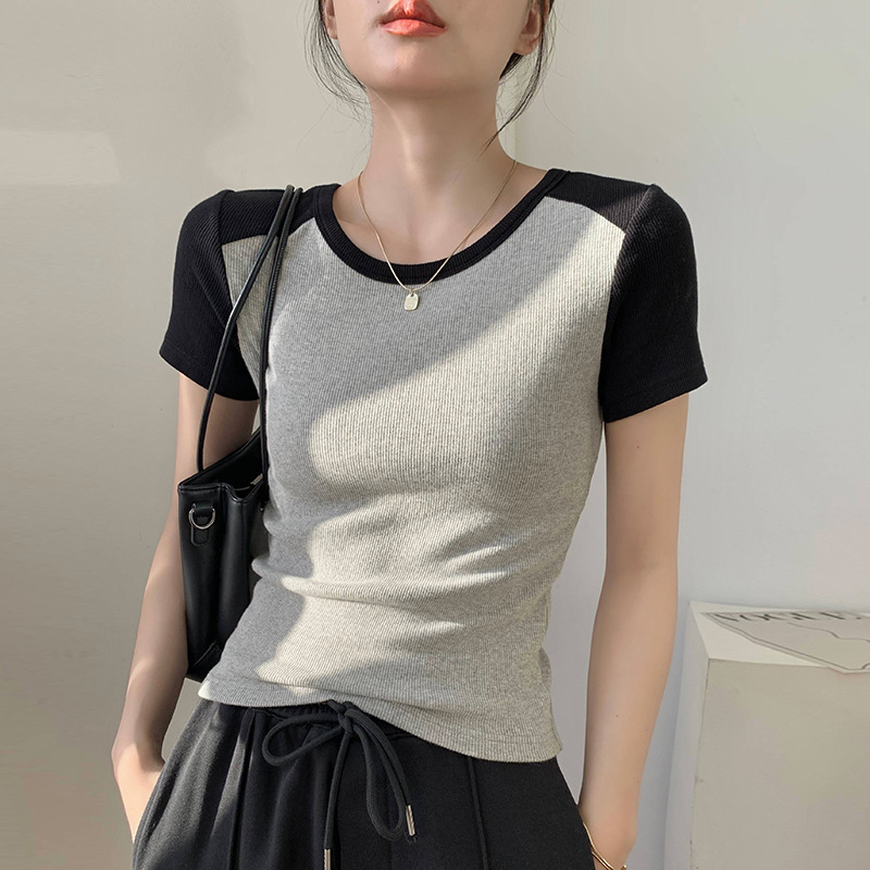 全棉拼接短袖T恤女夏洋气设计感2023新款修身显瘦百搭打底衫上衣