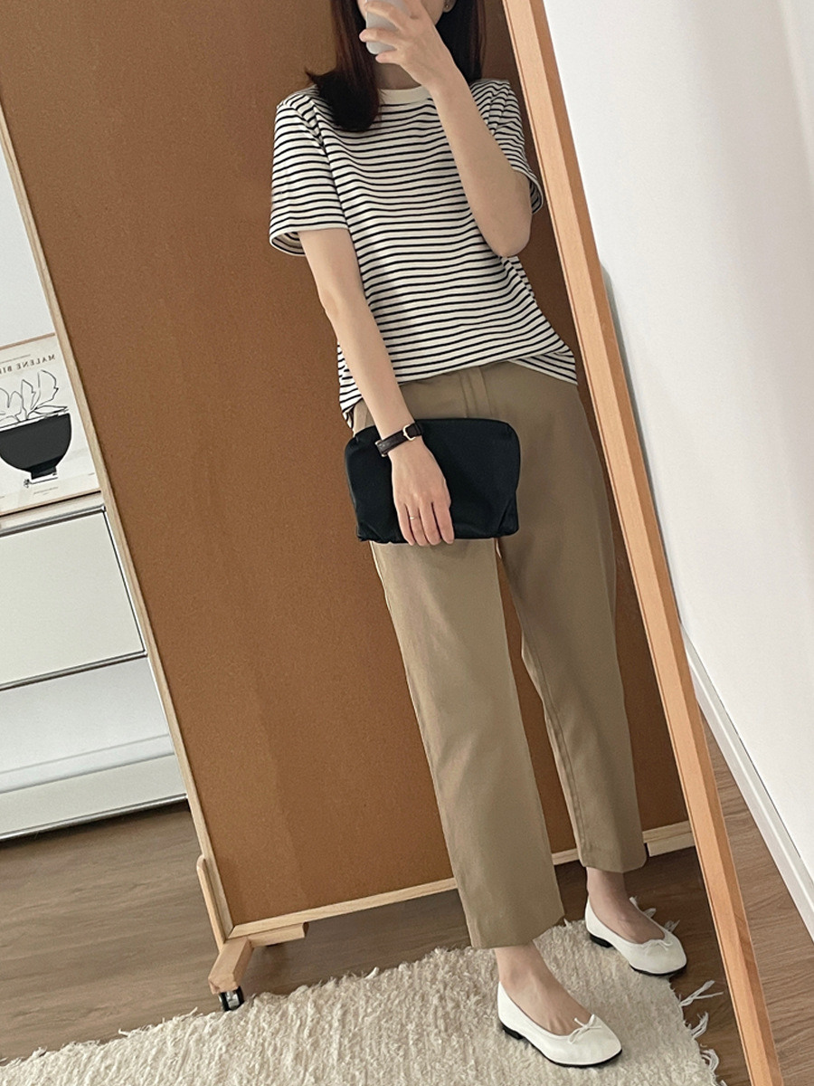 甄选纯棉黑白条纹短袖t恤女夏2023新款韩版圆领宽松显瘦百搭上衣